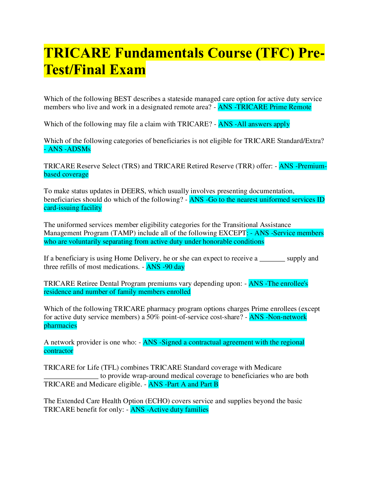 Preview image for TRICARE Fundamentals Course (TFC) Pre-Test/Final Exam 2022(Answered correctly)